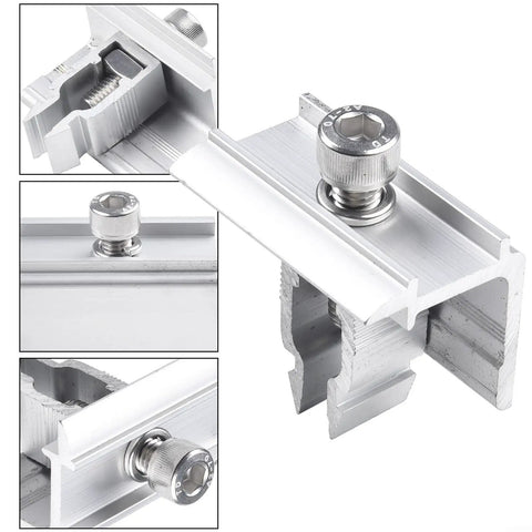 Slick Stainless Steel Solar Panel End Clamp for 30 to 50mm Frame with Quick Click Mounting Clip showing close-up view and details.