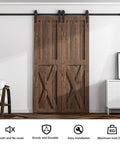 Six Foot Sliding Barn Door Hardware Kit For Double Doors With Smooth Quiet Track System Heavy Duty Carbon Steel Construction Supports Up To 330 Lbs Fits Doors From 1.18 To 1.96 Inches Thick 18 Inch Wide Doors J Shape Hangers installed in living room