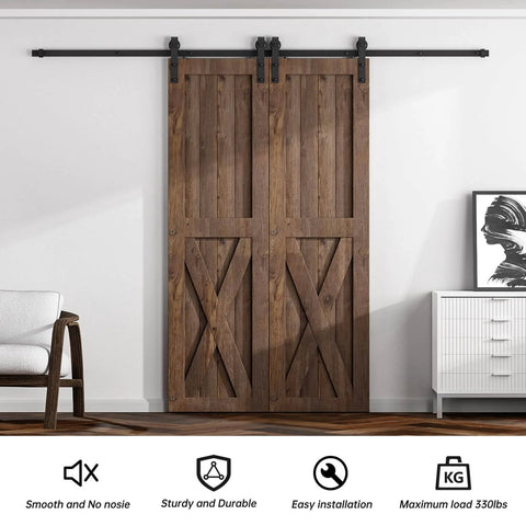 Six Foot Sliding Barn Door Hardware Kit For Double Doors With Smooth Quiet Track System Heavy Duty Carbon Steel Construction Supports Up To 330 Lbs Fits Doors From 1.18 To 1.96 Inches Thick 18 Inch Wide Doors J Shape Hangers installed in living room