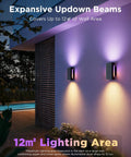 Totally Transform Your Patio With These Smart Outdoor Wall Lights Featuring Smooth Rgbicww Color Swaps And Sleek Top And Bottom Glow In A Tough 2 Pack Design Serving A Dang Good 1200 Lumen Kick For Any Front Porch Or Backyard Setup. Two wall sconces illuminating a 12m² area on a modern exterior.