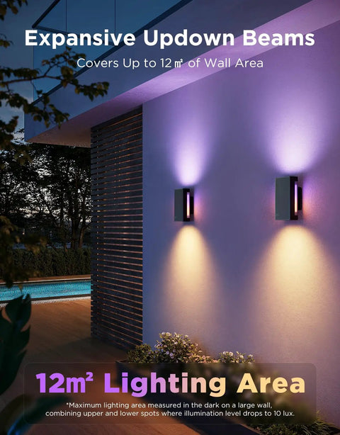 Totally Transform Your Patio With These Smart Outdoor Wall Lights Featuring Smooth Rgbicww Color Swaps And Sleek Top And Bottom Glow In A Tough 2 Pack Design Serving A Dang Good 1200 Lumen Kick For Any Front Porch Or Backyard Setup. Two wall sconces illuminating a 12m² area on a modern exterior.