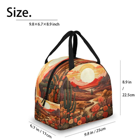 Desert Flower Cactus Insulated Lunch Bag With Padded Handle Leakproof Waterproof Lunch Tote 9.8x6.7x8.9 inches with desert design