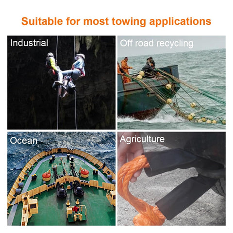 Various applications of 38,000 Lbs Synthetic Fiber Soft Shackle For Vehicle Recovery And Off Road Towing shown in different settings