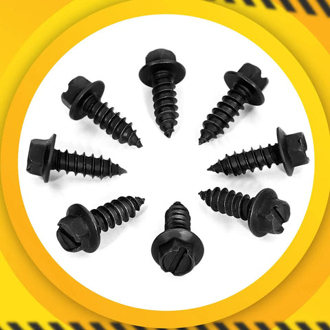 Beefy Black License Plate Screws 100 Pack, Rustproof and Weatherproof, Size 14 By Three Quarter Inch, shown in circular arrangement