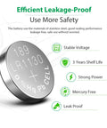 Badass LR1130 And AG10 Button Cell Batteries 20 Pack 1.5V Alkaline Power For Calculators Watches Remote Controls showing leakage-proof design.
