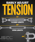 Rock Solid Jaw And Jaw Turnbuckles 500 Pack 1/2 X 6 Inch Hot Dipped Galvanized showing adjustable lengths of 13 and 20 inches.