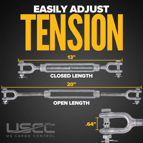 Rock Solid Jaw And Jaw Turnbuckles 500 Pack 1/2 X 6 Inch Hot Dipped Galvanized showing adjustable lengths of 13 and 20 inches.