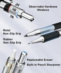 Metal Mechanical Pencil Set With Case, Six Pencils From 0.3mm To 2.0mm Plus 552 Lead Refills, Erasers And Sharpeners, grip details.