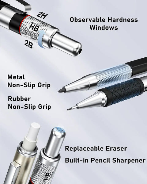 Metal Mechanical Pencil Set With Case, Six Pencils From 0.3mm To 2.0mm Plus 552 Lead Refills, Erasers And Sharpeners, grip details.