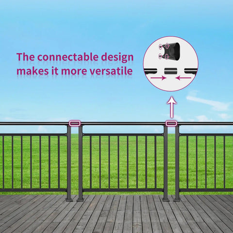 Preassembled Horizontal Deck Railing Kit Featuring Tight Baluster Spacing And Rock Solid Metal Frame Crafted From Heavy Duty Black Steel For Safer Backyards And Zero Fuss Install, showing connectable design for versatility.