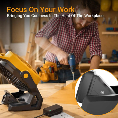 Cordless Jobsite Fan With 750 CFM featuring brushless motor and AC adapter, placed on a workbench in a garage setting