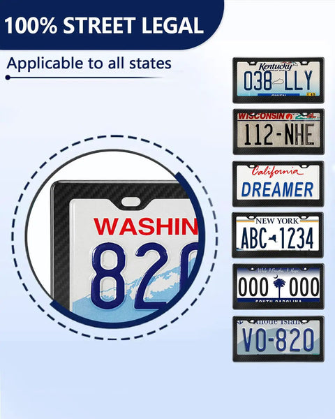 Full Real Carbon Fiber License Plate Frame For Cars Two Hole Auto Tag Holder displaying multiple state license plates.