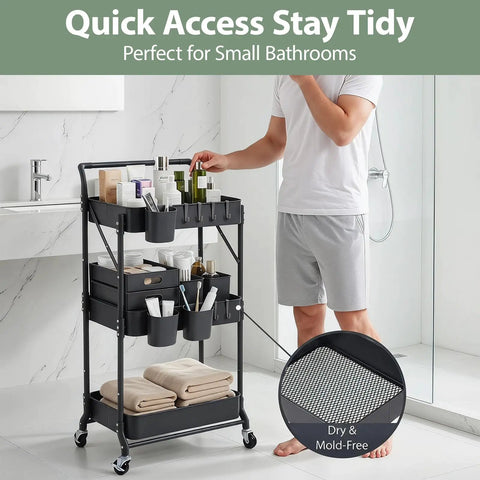3 Tier Foldable Rolling Cart With Wheels Grab-And-Go Space Saving Utility Organizer Collapsible Metal Storage Cart With 3 Hanging Cups And 6 Hooks For Kitchen Office Nursery Black in bathroom setting