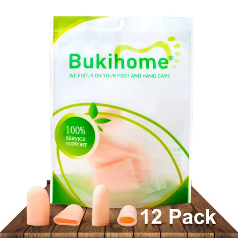 12 Pack Gel Finger Cots For Pain Relief And Fingertip Protection, package and four champagne color silicone finger sleeves displayed.