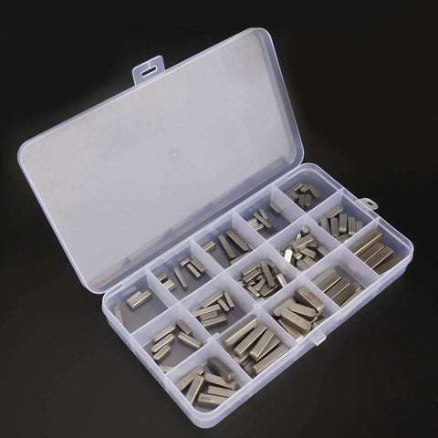 Pro Grade 140 Piece Keyway and Feather Key Set for Pulleys and Shafts, 8mm to 30mm Range, 16 Sizes, Includes a Handy Plastic Storage Box for Easy Carry, Quick Access, and Rugged Mechanical Fastening in Industrial Projects; plastic case open