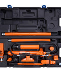 VEVOR 10 Ton porta power hydraulic kit with orange ram and pump in a black carrying case, hoses and accessories