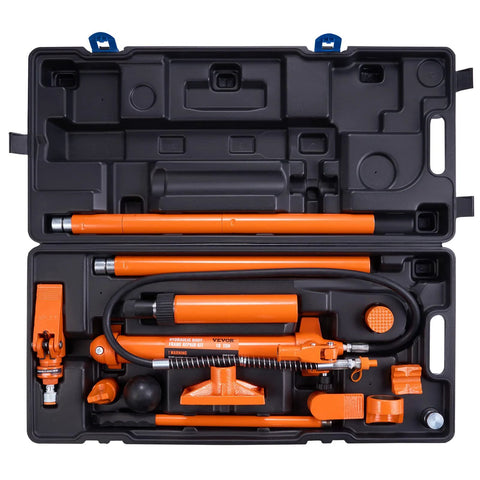 VEVOR 10 Ton porta power hydraulic kit with orange ram and pump in a black carrying case, hoses and accessories