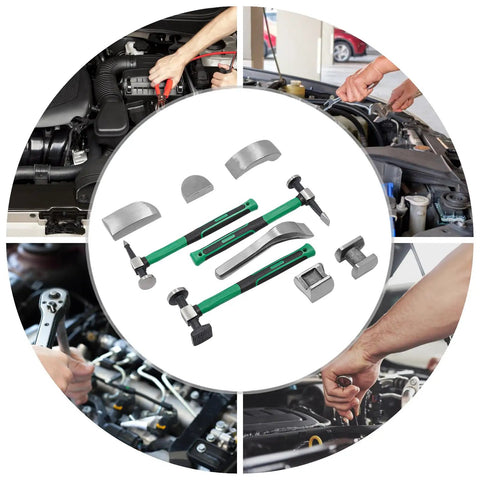9-Piece Body Repair Hammer And Dolly Set With Storage Case For Car Dent Removal, Panel Shaping, And Fender Repair, tools displayed