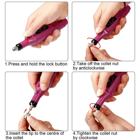 Hands demonstrating Electric Corded Hand Drill Kit With Pin Vise Set Pro Grade 17 Drill Bits setup, showing steps to insert drill bit.