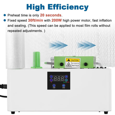 Straight Up Heavy Duty Air Cushion Maker Slick Self Sealing Packer With Thirty Feet Per Minute Inflation And Included One Hundred Sixty Four Foot Film Roll For Daily Shipping Hustles, showing control panel and inflation process.