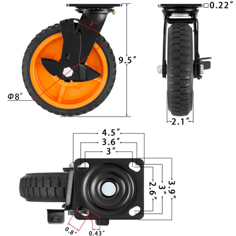 Eight Inch Heavy Duty Caster Wheels Set Of Four Featuring Never Flat Solid Rubber Tires With Knobby Treads dimensions and profile views.