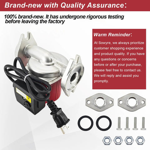 Direct Replacement 110223306 Wet Rotor Circulator Pump showing silver body, attached cord, and mounting hardware for seamless setup.