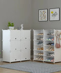 Six Tier Shoe Storage Cabinet For 24 Pairs Of Shoes Plastic Shelves Organizer in living room with plants and wall decor