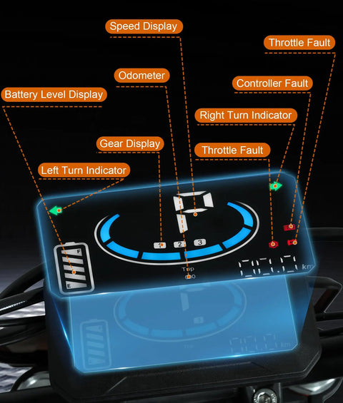 Dashboard display of Teens Electric Dirt Bike 2000W Peak Power Off Road Monster with indicators and controls visible.