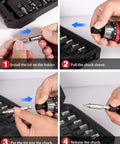 Step-by-step guide on using 4V Cordless Screwdriver Kit With 44 Accessories, 5.65Nm Torque, 200 RPM, 5 Plus 1 Torque Settings, Dual Position Handle And LED Light, Rechargeable Mini Power Drill For DIY Projects, Lightweight And Easy To Use