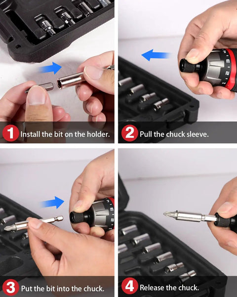 Step-by-step guide on using 4V Cordless Screwdriver Kit With 44 Accessories, 5.65Nm Torque, 200 RPM, 5 Plus 1 Torque Settings, Dual Position Handle And LED Light, Rechargeable Mini Power Drill For DIY Projects, Lightweight And Easy To Use