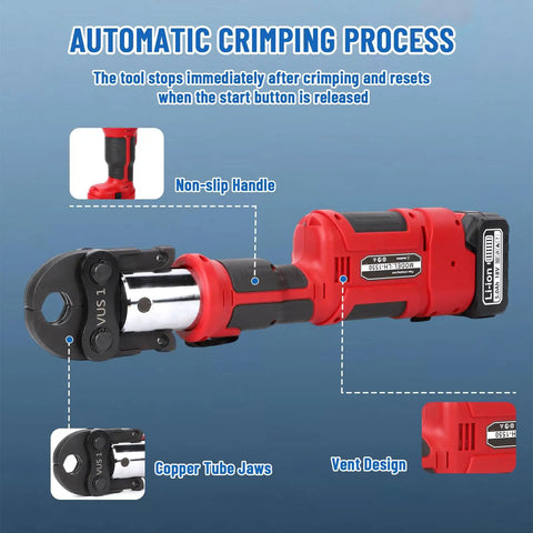 Professional 18V Cordless Pipe Crimping Tool With Four Interchangeable Jaws And A Smooth 180 Swivel Head showcasing non-slip handle and copper jaws.