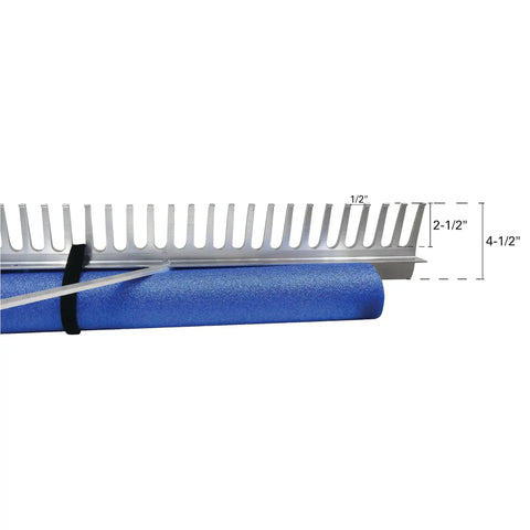 Close-up of Floating Lake Weed Rake with 48-inch wide head, showing blue foam float and teeth for water and land cleanup.
