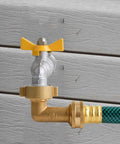 90 Degree Garden Hose Elbow Made From Lead Free Solid Brass Three Quarter Inch FHT To Three Quarter Inch MHT Adapter Reduces Kinking And Strain Heavy Duty Water Hose Connector For Garden RV And Outdoor Faucets attached to outdoor faucet and hose