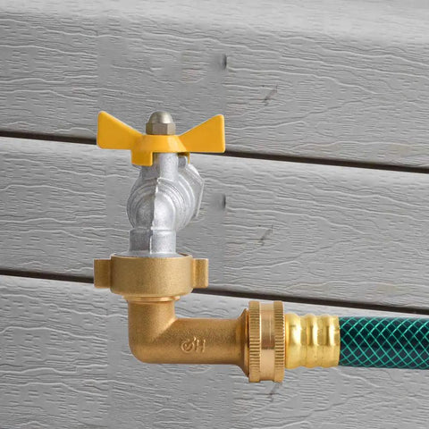 90 Degree Garden Hose Elbow Made From Lead Free Solid Brass Three Quarter Inch FHT To Three Quarter Inch MHT Adapter Reduces Kinking And Strain Heavy Duty Water Hose Connector For Garden RV And Outdoor Faucets attached to outdoor faucet and hose