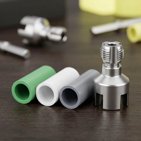 Dual-Function Pipe Threader For 1/2 Inch And 3/4 Inch Plastic Pipes, Portable 4-Piece Set For Internal And External Threading, Carbon Steel Construction, Ideal For Quick DIY Home Plumbing Repairs, shown with plastic pipes