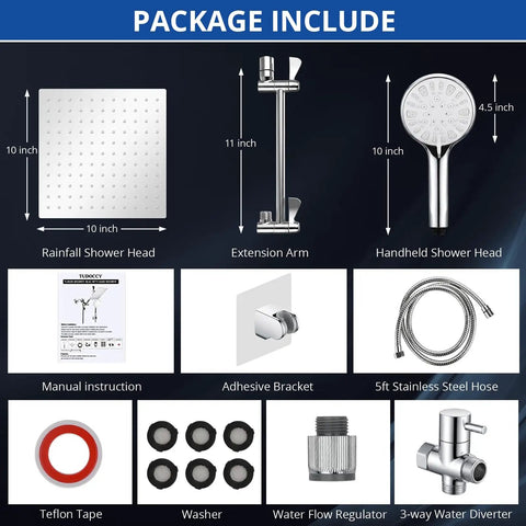 Package contents of High Pressure Rainfall Shower Head Combo With Handheld Spray, 10 Inch Rain Face, 11 Inch Extension Arm