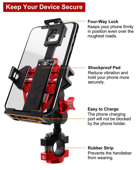 All Metal Motorcycle Phone Mount Is A Beast Mode Rig With CNC 6061 Aluminum And Stainless Steel Hardware giving secure hold and shockproof support.