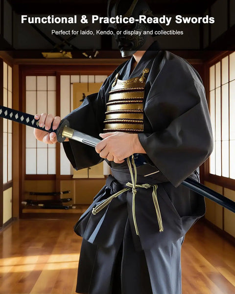 Practitioner holding Safe Unsharpened Aluminum Iaito For Iaido Practice And Display, 28.3 Inch Katana Training Sword in dojo