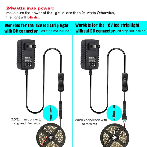 12V 2A DC Power Supply With Inline On Off Switch No Fuss Toggle For Under Cabinet Lighting And Bedside LED Strips 24W Max Output Easy Reach Control From Any Outlet, black adapter with cord