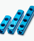 Three blue aluminum manifold blocks including Heavy Duty Aluminum Air Manifold Block Built Tough With Five Ports, Two Way Pneumatic Distribution Fitting