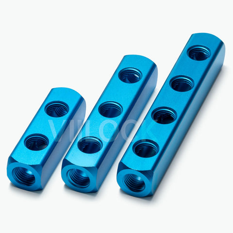 Three blue aluminum manifold blocks including Heavy Duty Aluminum Air Manifold Block Built Tough With Five Ports, Two Way Pneumatic Distribution Fitting