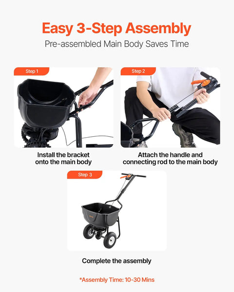 Assembly instructions for Walk Behind Broadcast Spreader For Lawn And Garden, 60 lb capacity, showing steps to complete setup.