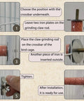 Installation steps for Straight Up No Drama Automatic Bird Cage Feeders And Waterers with sturdy claw grinding rod.