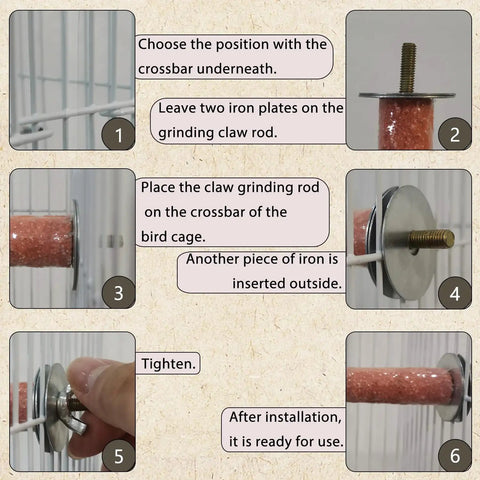 Installation steps for Straight Up No Drama Automatic Bird Cage Feeders And Waterers with sturdy claw grinding rod.