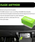 Two Piece OBD2 Fuel Saver Plug And Driver For Most Cars Energy Saving Tuning Accessory shown with installation steps.