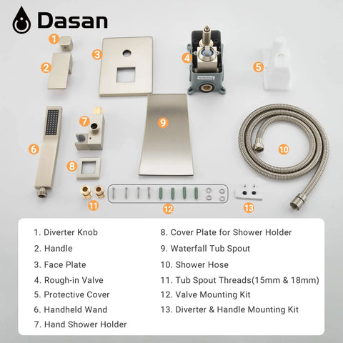 Components of Wall Mounted Tub Filler Faucet With Hand Shower in Brushed Nickel, including rough-in valve and tub spout.