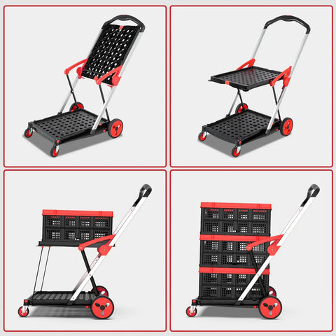 Collapsible Shopping Cart With Wheels 200 Lb Capacity Grocery Cart On Wheels With Storage Crate Platform Hand Truck Red