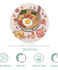 Round tempered glass cutting board with cartoon ramen design, non-slip surface, 20cm diameter, sturdy and easy to clean