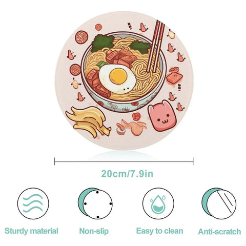 Round tempered glass cutting board with cartoon ramen design, non-slip surface, 20cm diameter, sturdy and easy to clean