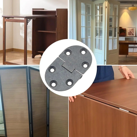 Rock Solid Zinc Alloy Flat Fold Table Hinges 2 Pack Smooth Flip Top Furniture Hardware in use with flat fold table and doors.